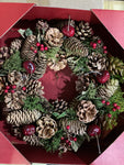 Red Everlasting Christmas Wreath (Made From Decorative Foliage & Cones) 30cm Dia (Free UK Shipping)